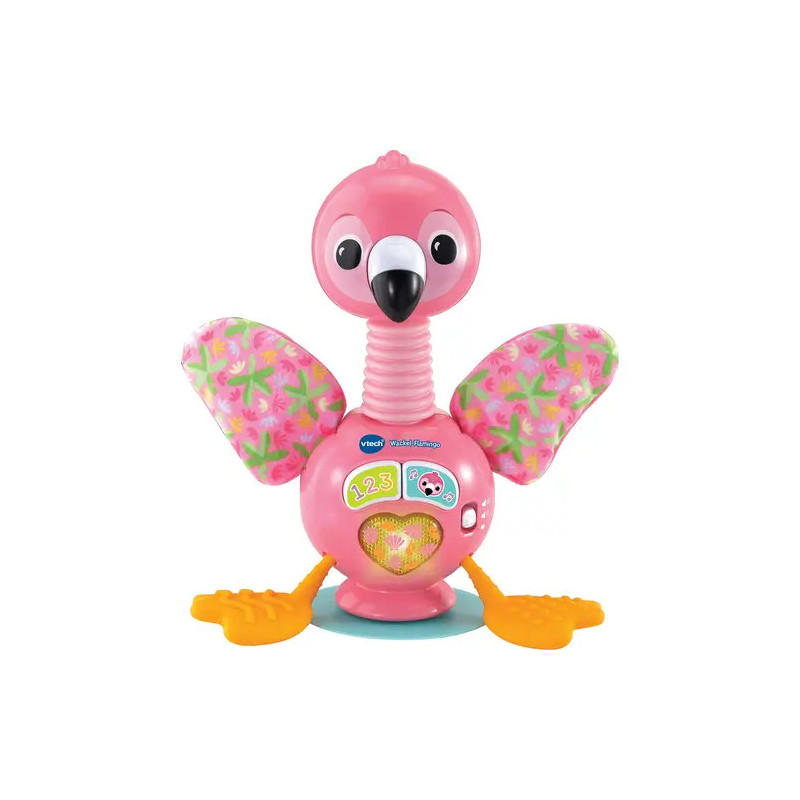 Rosa-orangener Spielzeug-Flamingo mit gemusterten Flügeln und Knöpfen am Bauch, geeignet für Kleinkinder.