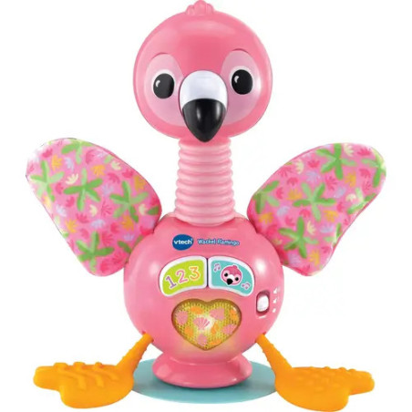 Rosa-orangener Spielzeug-Flamingo mit gemusterten Flügeln und Knöpfen am Bauch, geeignet für Kleinkinder.