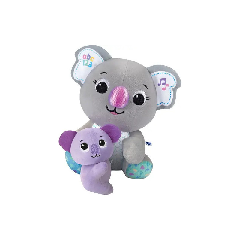 Graues Plüsch-Koala-Tier hält einen kleinen lila Koala beide lächeln und haben bunte Akzente.