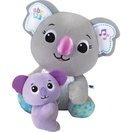 Graues Plüsch-Koala-Tier hält einen kleinen lila Koala beide lächeln und haben bunte Akzente.