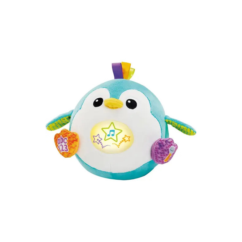 Plüschpinguin mit leuchtendem Bauch, bunten Flügeln und herzförmigen Knöpfen an den Seiten.