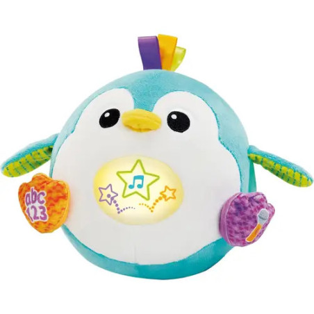 Plüschpinguin mit leuchtendem Bauch, bunten Flügeln und herzförmigen Knöpfen an den Seiten.