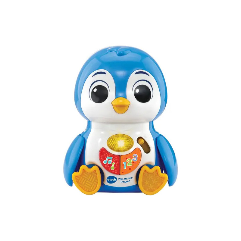 Blau-weißer Spielzeugpinguin mit orangen Füßen und Tasten mit Noten und Zahlen auf dem Bauch.