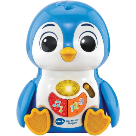 Blau-weißer Spielzeugpinguin mit orangen Füßen und Tasten mit Noten und Zahlen auf dem Bauch.