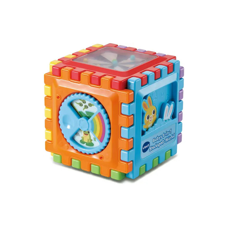 Bunter Baby-Spielwürfel mit Zahnrädern, Knöpfen und Tiermotiven an den Seiten.