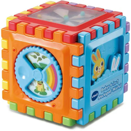 Bunter Baby-Spielwürfel mit Zahnrädern, Knöpfen und Tiermotiven an den Seiten.