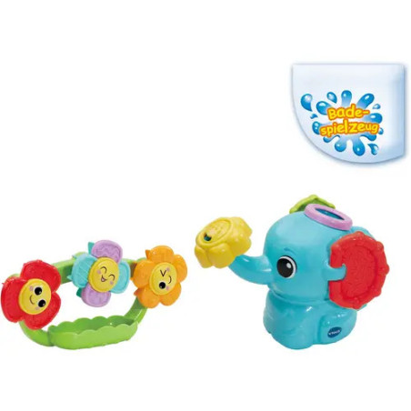 Blauer Spielzeugelefant mit bunten, drehbaren Ohren, daneben eine blumenförmige Rassel mit lachenden Gesichtern.