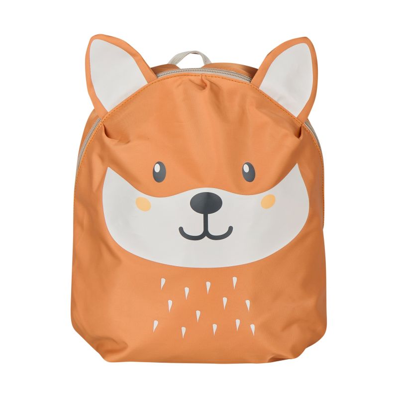 Oranger Rucksack mit Fuchsgesicht, Ohren, weißen und schwarzen Details sowie kleinen Dreiecksmustern.