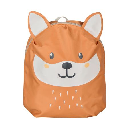 Oranger Rucksack mit Fuchsgesicht, Ohren, weißen und schwarzen Details sowie kleinen Dreiecksmustern.