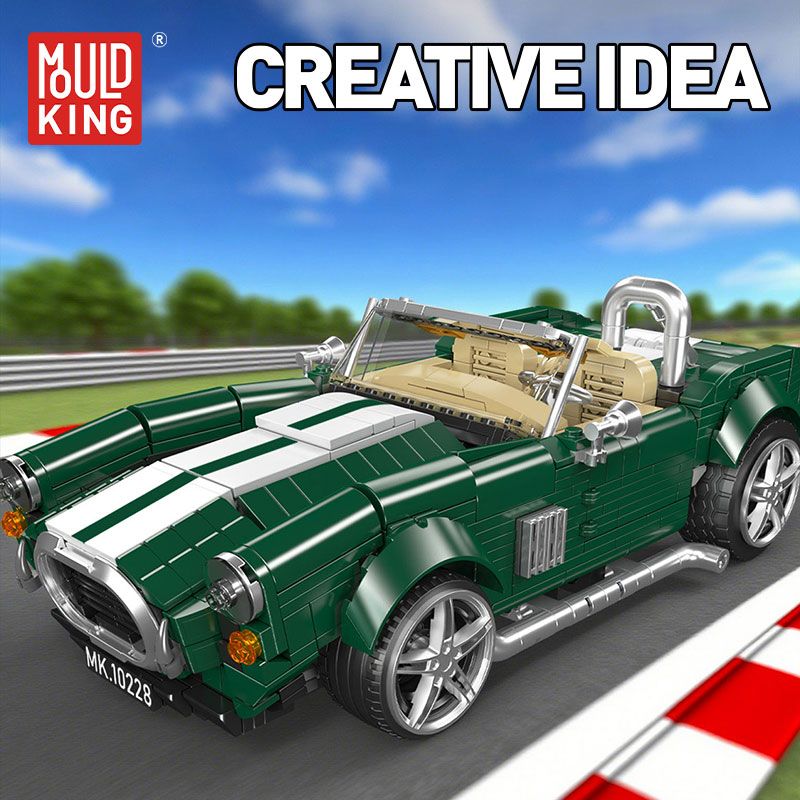 Grün-weißes LEGO-Sportauto auf einer Rennstrecke, darüber steht der Text CREATIVE IDEA.
