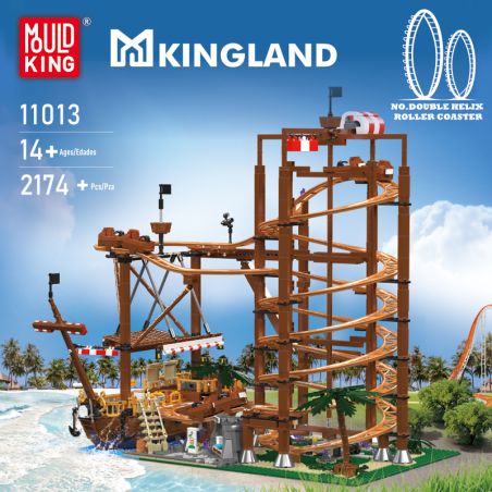Braunes Achterbahn-Bauset im LEGO-Stil von Mould King, präsentiert am Strand mit Palmen.