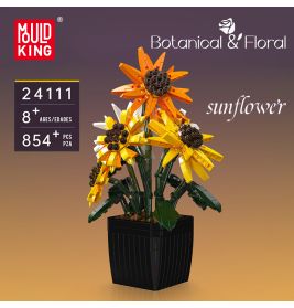LEGO-Sonnenblumenstrauß im schwarzen Topf mit Produktdetails sowie Botanical & Floral Hinweisen auf dem Bild.