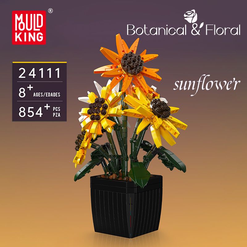 LEGO-Sonnenblumenstrauß im schwarzen Topf mit Produktdetails sowie Botanical & Floral Hinweisen auf dem Bild.