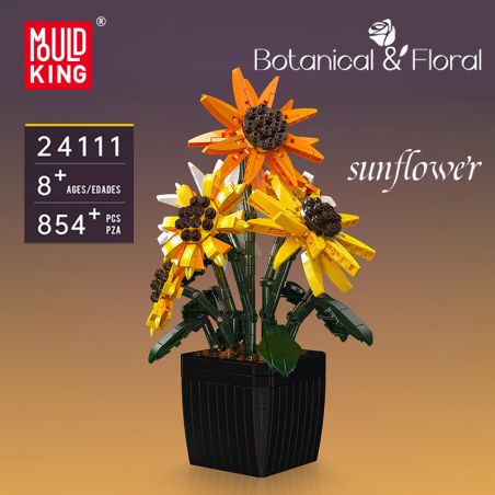 LEGO-Sonnenblumenstrauß im schwarzen Topf mit Produktdetails sowie Botanical & Floral Hinweisen auf dem Bild.