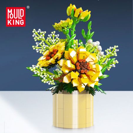 LEGO-Blumenstrauß in Gelb und Weiß in cremefarbener Vase vor dunkelblauem Hintergrund.