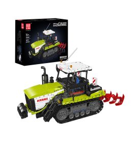 Bauset für Spielzeugtraktor in Grün, Weiß und Schwarz montiert und auf der Produktverpackung abgebildet.