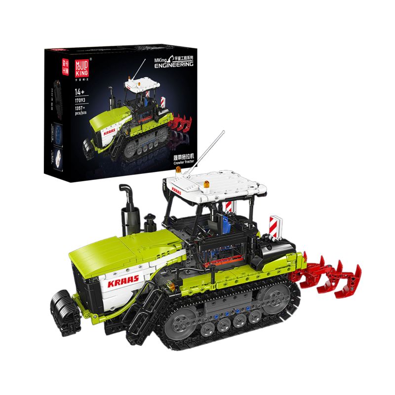 Bauset für Spielzeugtraktor in Grün, Weiß und Schwarz montiert und auf der Produktverpackung abgebildet.