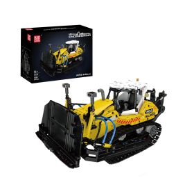 Gelber Bulldozer-Baustein mit schwarzer Verpackung im Hintergrund, die das gleiche Modell zeigt.