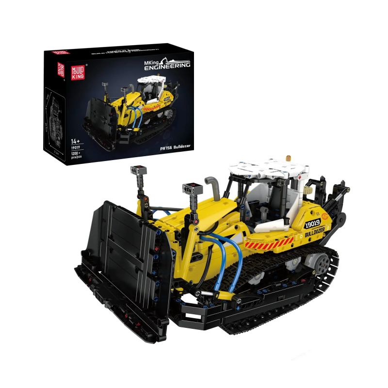 Gelber Bulldozer-Baustein mit schwarzer Verpackung im Hintergrund, die das gleiche Modell zeigt.