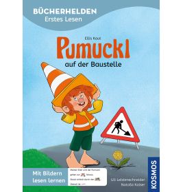 Pumuckl in einer Baustelle, trägt einen Kegel auf dem Kopf neben ihm steht ein Warnschild.