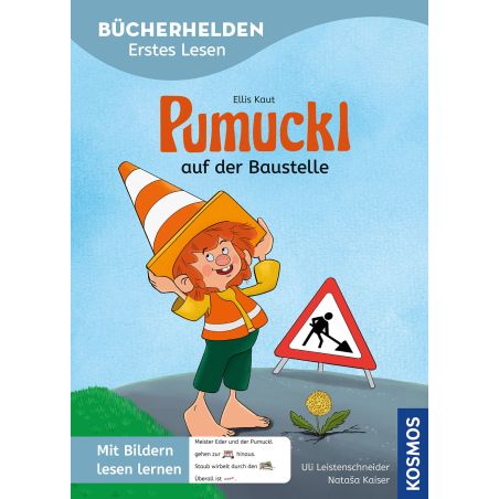 Pumuckl in einer Baustelle, trägt einen Kegel auf dem Kopf neben ihm steht ein Warnschild.