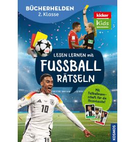 Buchcover mit Fußballspielern, Schiedsrichtern und Sammelkarten; Text wirbt für Fußball-Lektüre und Rätsel.