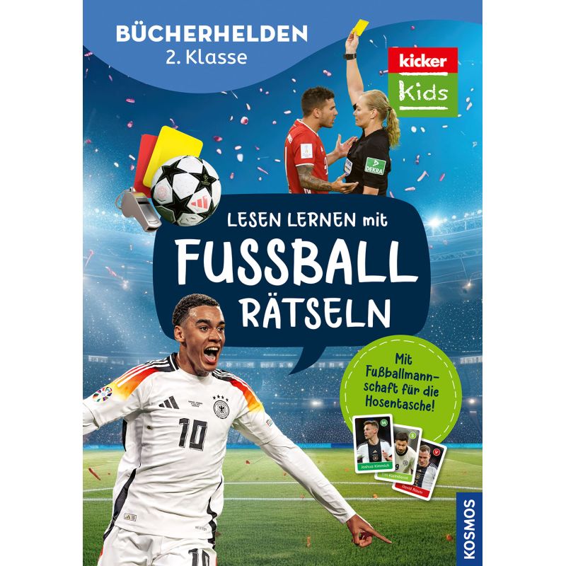 Buchcover mit Fußballspielern, Schiedsrichtern und Sammelkarten; Text wirbt für Fußball-Lektüre und Rätsel.