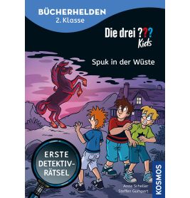 Drei Kinder sehen bei Sonnenuntergang in der Wüste ein steigendes schwarzes Pferd Buchcover eines deutschen Krimis.