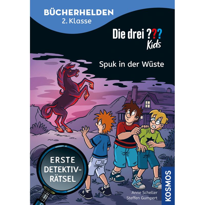 Drei Kinder sehen bei Sonnenuntergang in der Wüste ein steigendes schwarzes Pferd Buchcover eines deutschen Krimis.