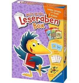 Leseraben-Box mit Comic-Vogel und Buch, zum Lesenlernen für die 1. Klasse.