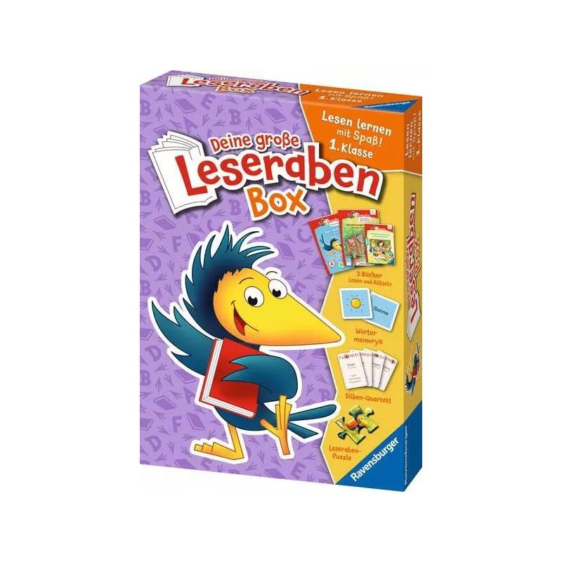 Leseraben-Box mit Comic-Vogel und Buch, zum Lesenlernen für die 1. Klasse.