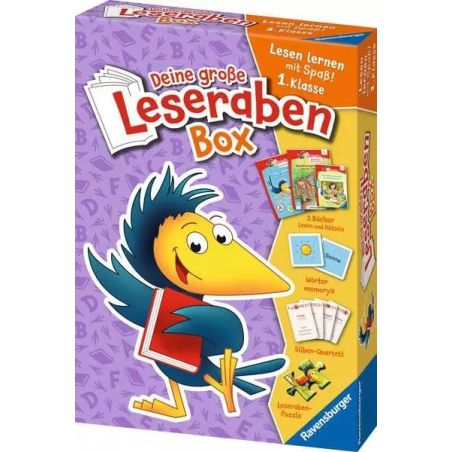 Leseraben-Box mit Comic-Vogel und Buch, zum Lesenlernen für die 1. Klasse.