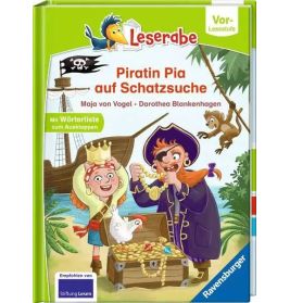 Deutsches Kinderbuchcover: Zwei Piraten, ein Papagei und eine Schatztruhe auf einem Schiff.