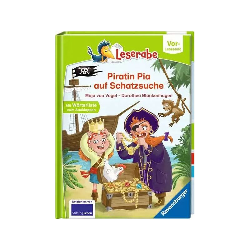 Deutsches Kinderbuchcover: Zwei Piraten, ein Papagei und eine Schatztruhe auf einem Schiff.