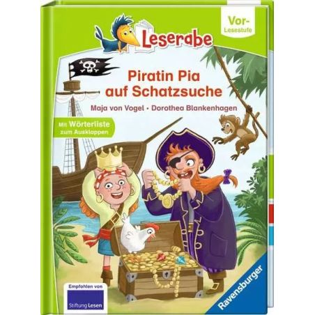 Deutsches Kinderbuchcover: Zwei Piraten, ein Papagei und eine Schatztruhe auf einem Schiff.