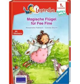 Cover eines deutschen Kinderbuchs mit einer fliegenden Fee, Titel: Magische Flügel für Fee Fine.