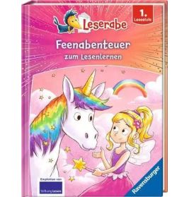 Kinderbuchcover: Feenmädchen und Regenbogeneinhorn auf rosa Hintergrund, Titel Feenabenteuer.