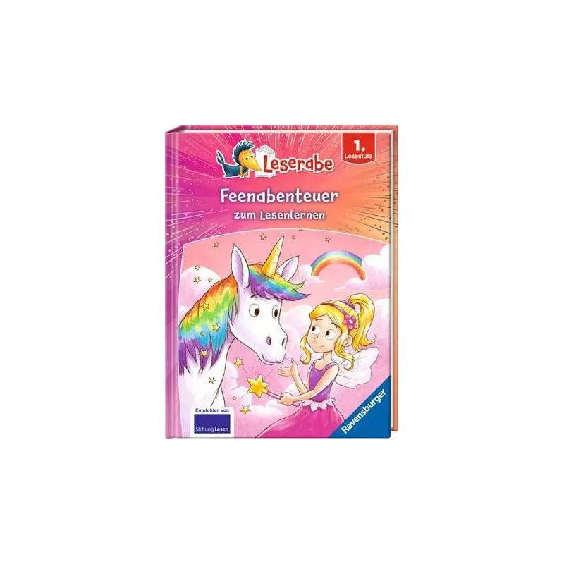 Kinderbuchcover: Feenmädchen und Regenbogeneinhorn auf rosa Hintergrund, Titel Feenabenteuer.