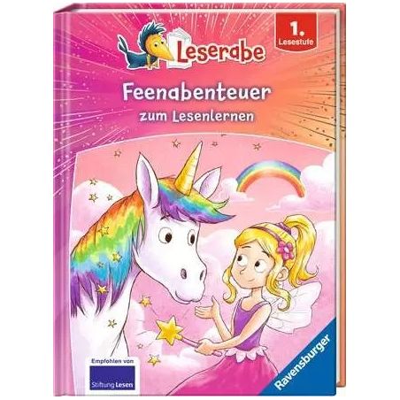 Kinderbuchcover: Feenmädchen und Regenbogeneinhorn auf rosa Hintergrund, Titel Feenabenteuer.