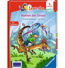 Kinder reiten auf einem Dinosaurier auf dem Cover des Buchs Befreit die Dinos! von Annette Neubauer.