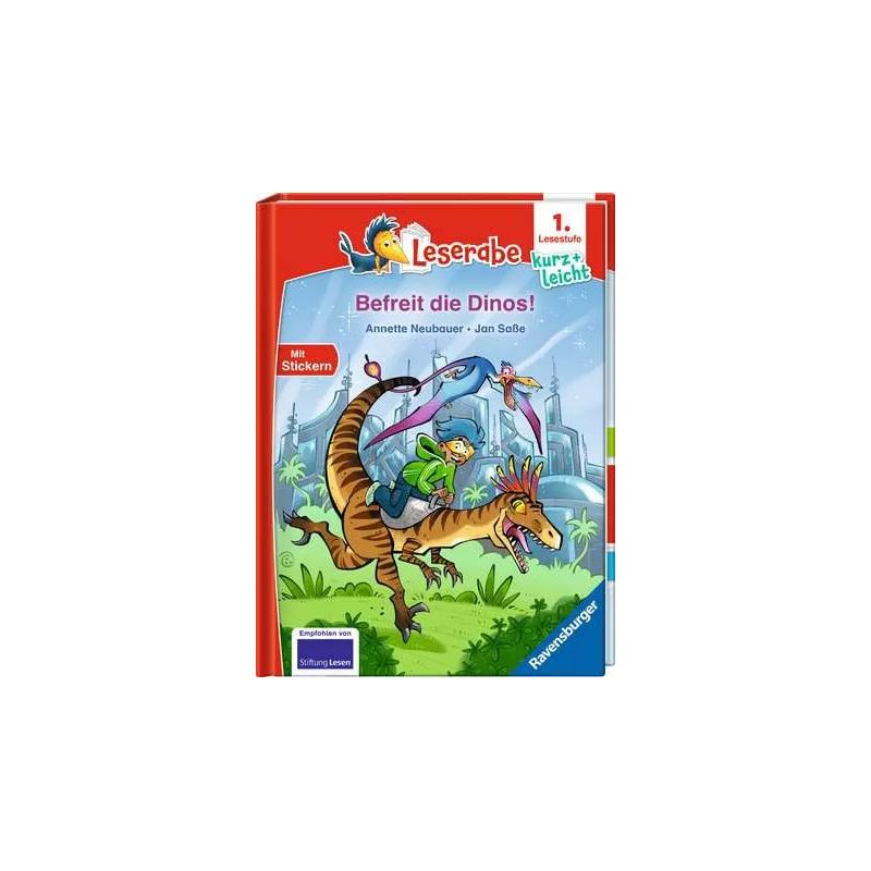 Kinder reiten auf einem Dinosaurier auf dem Cover des Buchs Befreit die Dinos! von Annette Neubauer.