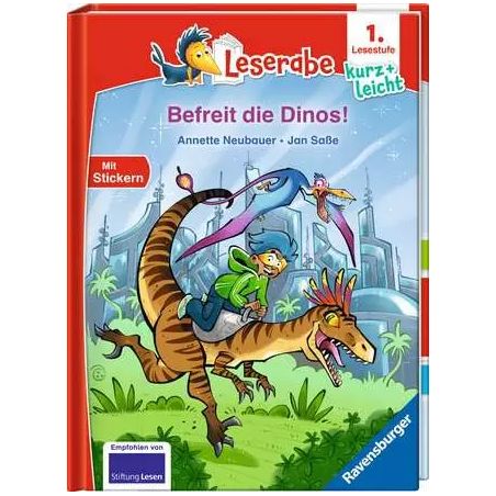 Kinder reiten auf einem Dinosaurier auf dem Cover des Buchs Befreit die Dinos! von Annette Neubauer.