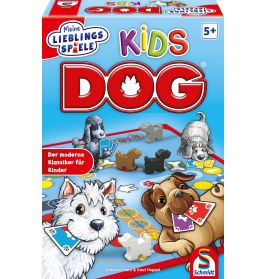 Spielschachtel "Kids DOG" ab 5 Jahren mit Comic-Hunden und tierförmigen Spielfiguren.