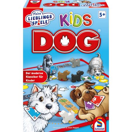 Spielschachtel "Kids DOG" ab 5 Jahren mit Comic-Hunden und tierförmigen Spielfiguren.
