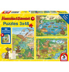 Puzzlebox mit drei tierischen Puzzles und bunten Naturszenen für Kinder ab 4 Jahren.