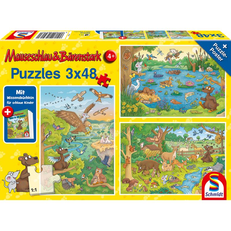 Puzzlebox mit drei tierischen Puzzles und bunten Naturszenen für Kinder ab 4 Jahren.