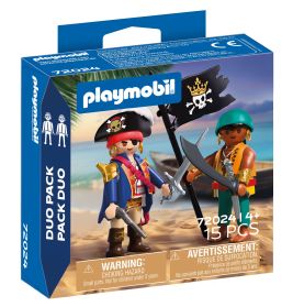 Playmobil Duo Pack mit zwei Piratenfiguren mit Schwertern vor Strandkulisse.