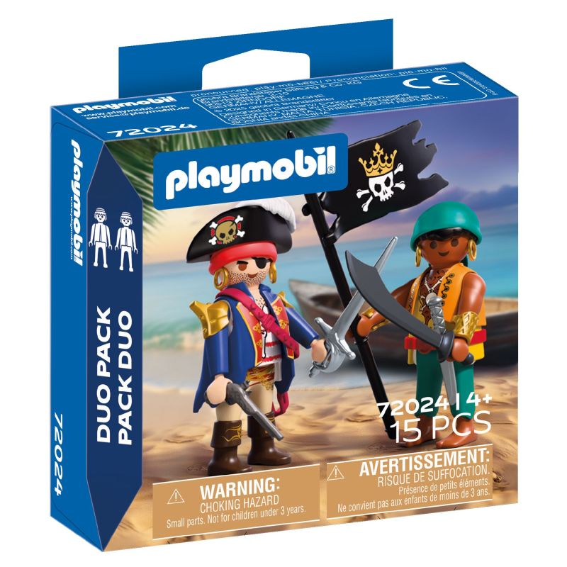 Playmobil Duo Pack mit zwei Piratenfiguren mit Schwertern vor Strandkulisse.