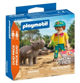 Playmobil Duo Pack: Spielzeug-Nashorn und Safari-Figur mit Blatt, geeignet für Kinder ab 4 Jahren.