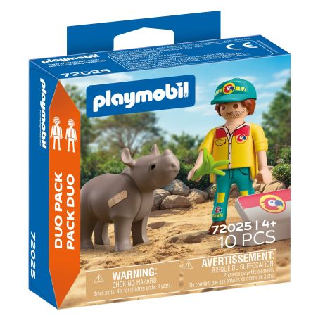 Playmobil Duo Pack: Spielzeug-Nashorn und Safari-Figur mit Blatt, geeignet für Kinder ab 4 Jahren.